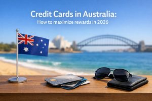 Credit cards in Australia with Sydney Opera House and Harbour Bridge in background, financial planning and travel rewards concept 2026