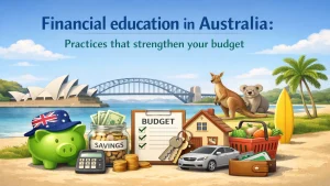 Financial education in Australia concept with Sydney landmarks, piggy bank, savings jar, budget checklist, house, car, and lifestyle elements representing smart money management