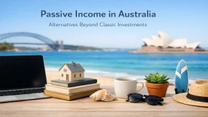 Passive income concept in Australia with laptop, small house model, coffee, and beach view featuring Sydney Opera House and Harbour Bridge in the background