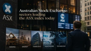 Premium editorial-style image of the Australian Stock Exchange with leading ASX sectors including mining, energy, financials, healthcare, and technology, featuring a businessman viewing the modern financial district in a cinematic urban setting.