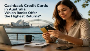 Woman comparing cashback credit cards at a waterfront café in Sydney, Australia, with the Sydney Opera House and Harbour Bridge in the background, illustrating premium banking rewards and financial lifestyle concepts.