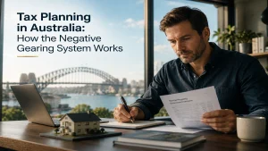 Professional investor reviewing property tax documents in a modern Sydney office overlooking the Harbour Bridge, illustrating tax planning strategies and the negative gearing system in Australia.