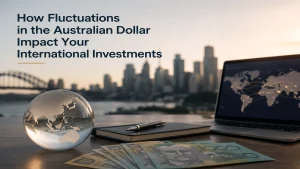 How Fluctuations in the Australian Dollar Impact Your International Investments. Premium financial workspace featuring Australian dollar banknotes, a global investment map on a laptop, and a glass globe overlooking a modern city skyline, symbolizing currency exchange movements, foreign asset performance, global portfolio diversification, and international investment strategy.
